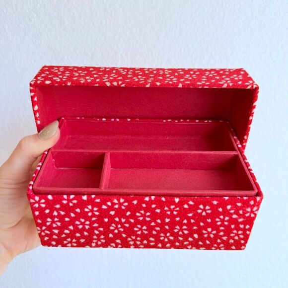 Vintage Japanese Jewelry Box Sakura Kimono Fabric Covered in Red & White Floral - Picture 1 of 12